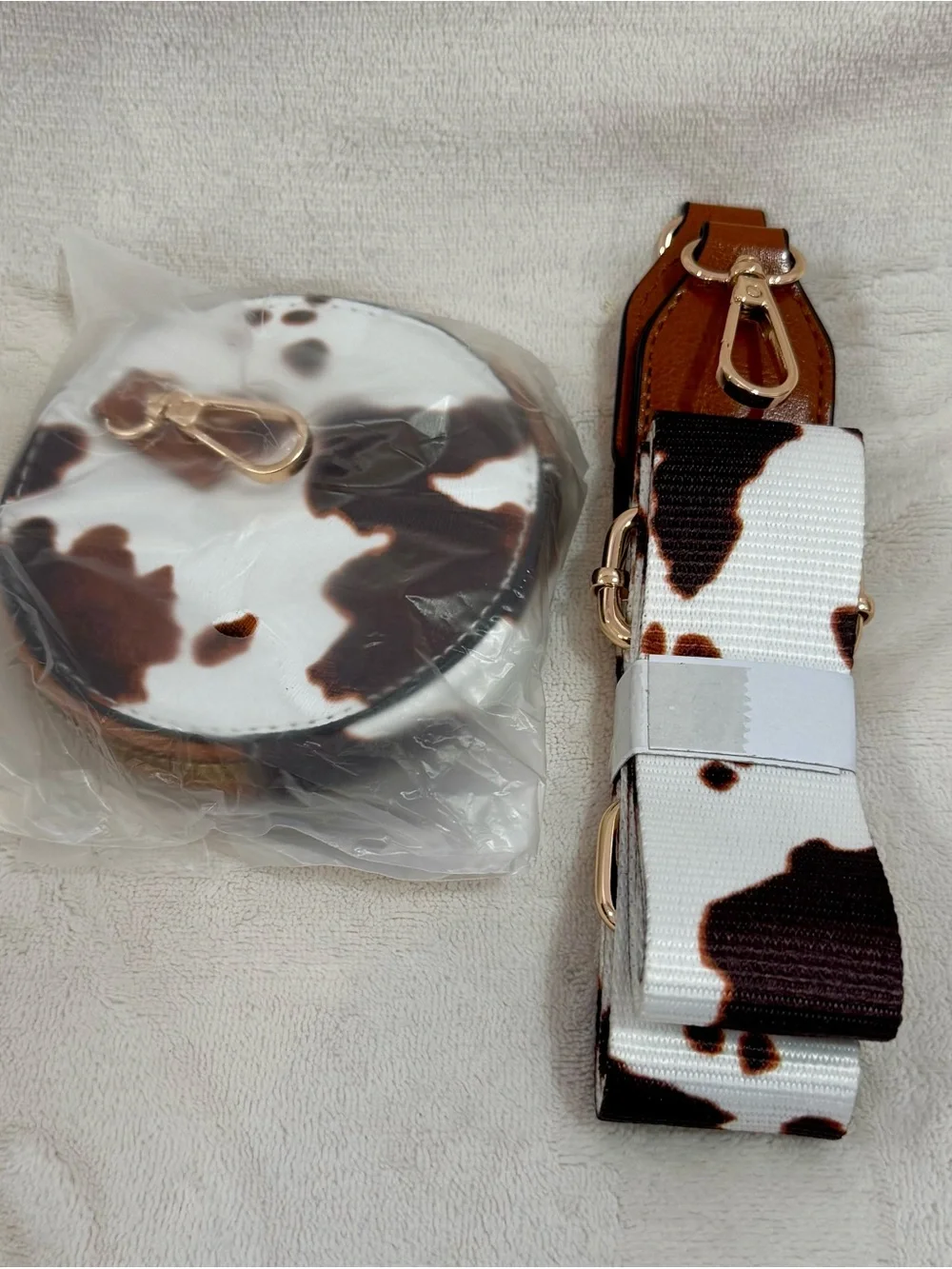 New Cowhide-Print Brown and White Crossbody Bag with Gold Hardware